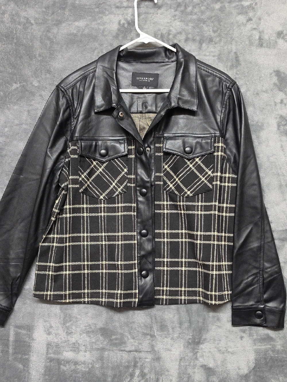 Liverpool Black Plaid faux Leather-Trim Shirt Jacket sz XL
